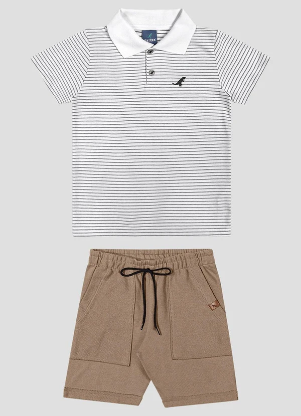 Reirex - Conjunto Polo Listrada e Bermuda Branco