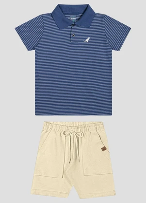 Reirex - Conjunto Polo Meia Malha Listrada e Bermuda Azul - REIREX