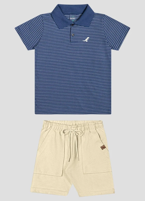 Reirex - Conjunto Polo Meia Malha Listrada e Bermuda Azul