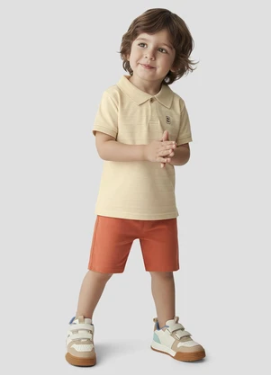 Reirex - Conjunto Polo Meia Malhad e Bermuda Sarjado Bege - REIREX