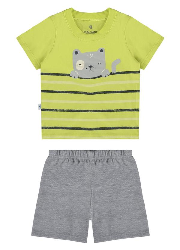 Malwee Kids - Conjunto Verde Limão Gatinhos e Listras Menino