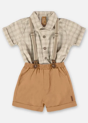 Up Baby - Conjunto Bebê Body Camisa e Bermuda Bege - UP BABY