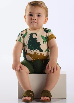 Up Baby - Conjunto Body Dino e Bermuda Bebê Bege - UP BABY