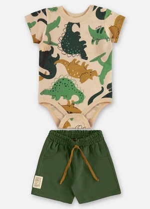 Up Baby - Conjunto Body Dino e Bermuda Bebê Bege - UP BABY