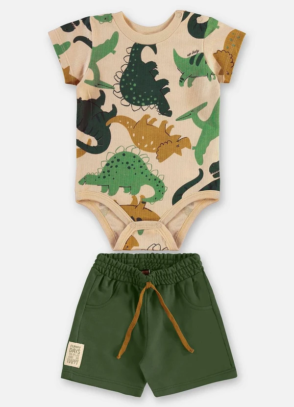 Up Baby - Conjunto Body Dino e Bermuda Bebê Bege 2