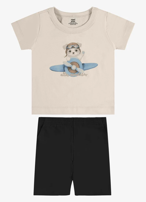 Rovi Kids - Conjunto Camiseta com Bermuda Infantil Bege