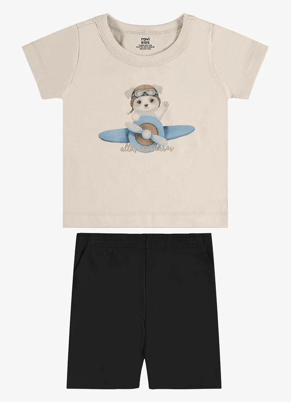 Rovi Kids - Conjunto Camiseta com Bermuda Infantil Bege