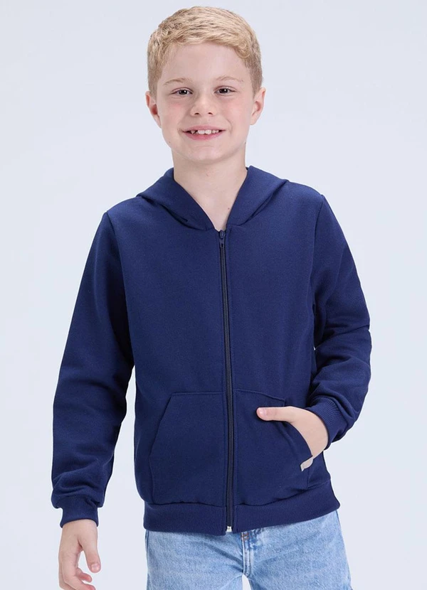 Vida Costeira - Jaqueta de Moletom Liso com Capuz Marinho