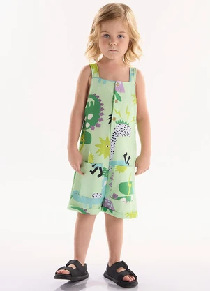 Três e Já - Jardineira Infantil em Molecotton Verde - TRÊS E JÁ