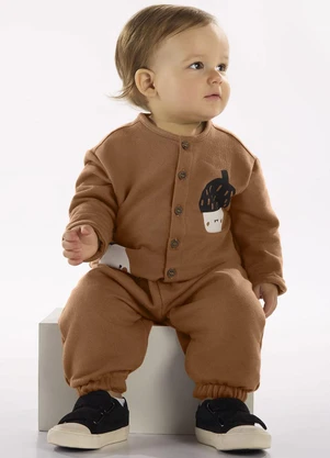 Três e Já - Macacão Bebê em Moletom Felpado Marrom - TRÊS E JÁ