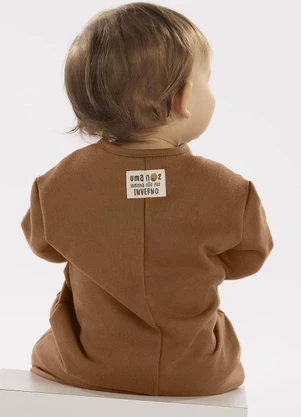 Três e Já - Macacão Bebê em Moletom Felpado Marrom - TRÊS E JÁ