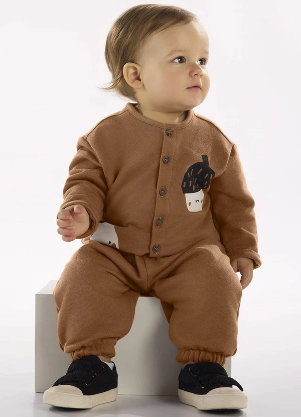 Três e Já - Macacão Bebê em Moletom Felpado Marrom 1