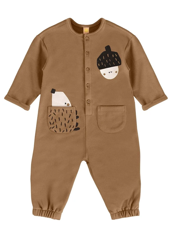 Três e Já - Macacão Bebê em Moletom Felpado Marrom 3