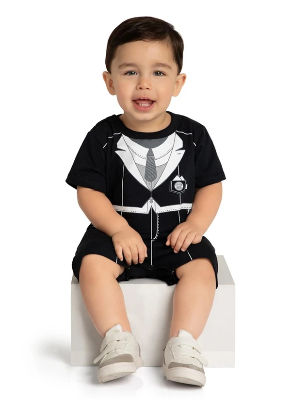 Marlan - Macacão Bebê Terninho Meia Malha Penteada Preto