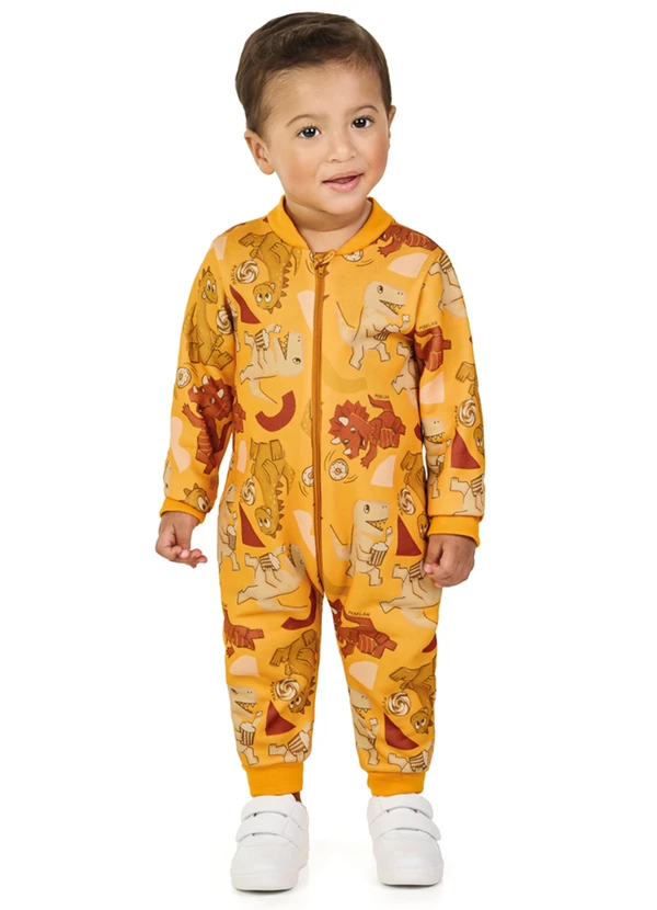 Marlan - Macacão em Moletom Felpado Dinos Gulosos Amarelo