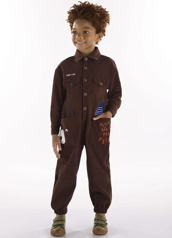 Três e Já - Macacão em Veludo Cotelê Marrom