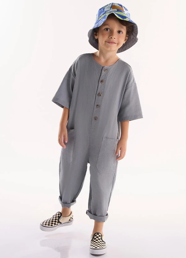 Três e Já - Macacão Infantil em Viscolinho Cinza