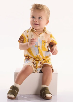 Três e Já - Macaquinho Bebê em Viscolinho Bege - TRÊS E JÁ