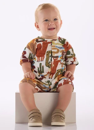 Três e Já - Macaquinho Bebê Menino em Algodão Bege - TRÊS E JÁ