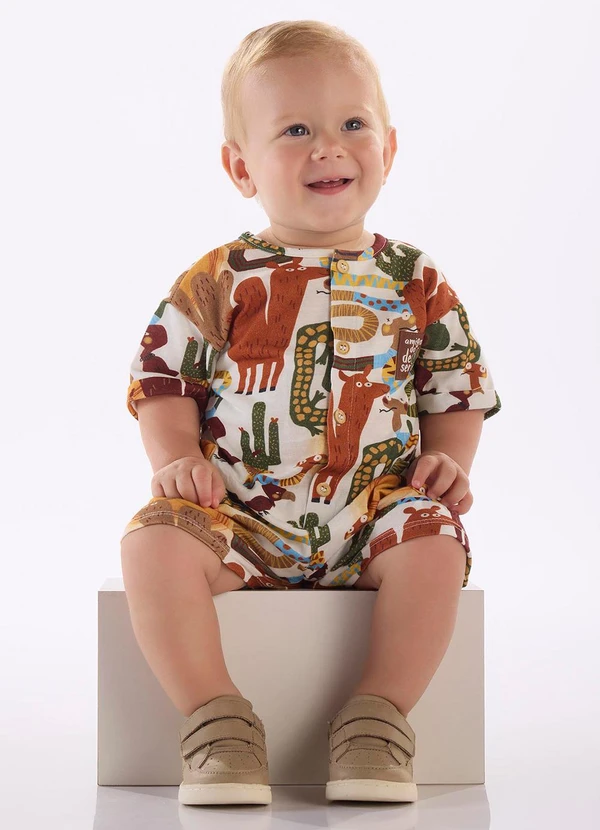 Três e Já - Macaquinho Bebê Menino em Algodão Bege 1