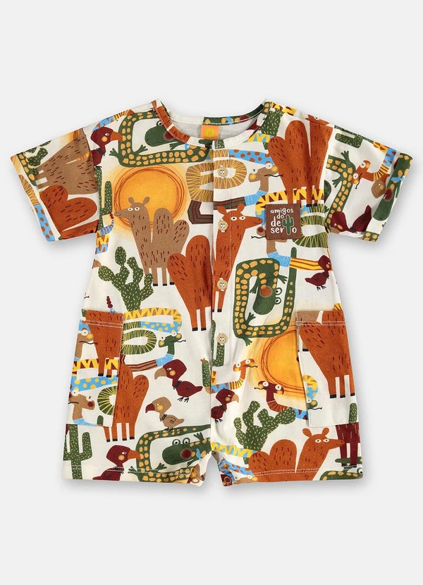 Três e Já - Macaquinho Bebê Menino em Algodão Bege 3