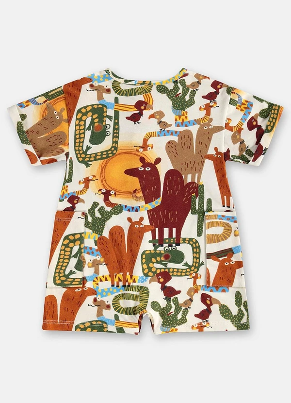 Três e Já - Macaquinho Bebê Menino em Algodão Bege 4