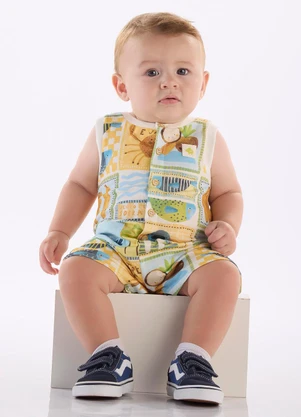 Três e Já - Macaquinho Bebê Menino em Algodão Branco - TRÊS E JÁ