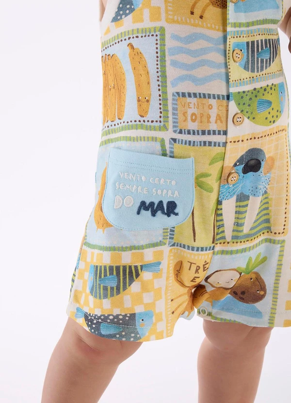 Três e Já - Macaquinho Bebê Menino em Algodão Branco 2