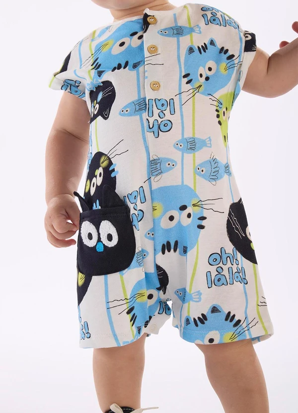 Três e Já - Macaquinho Bebê Menino em Algodão Branco 2