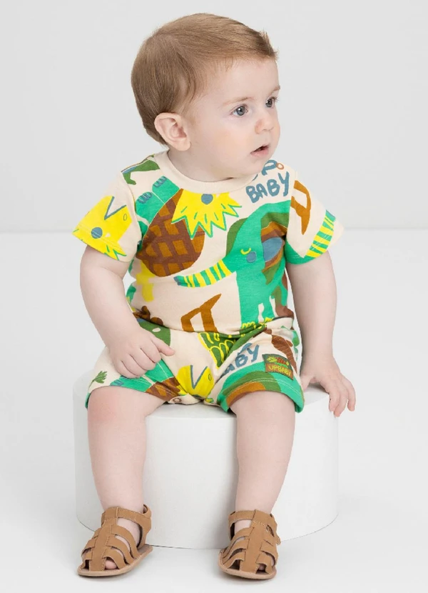 Up Baby - Macaquinho Bebê Menino Estampado Up Baby Bege