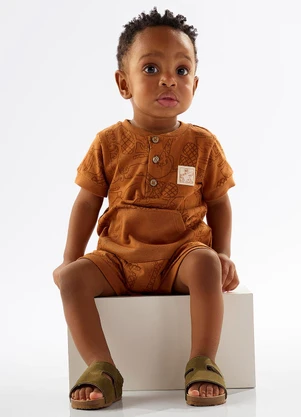 Up Baby - Macaquinho Bebê Menino Malha Flamê Marrom - UP BABY