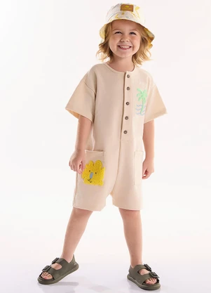 Três e Já - Macaquinho Infantil em Moletom Bege - TRÊS E JÁ