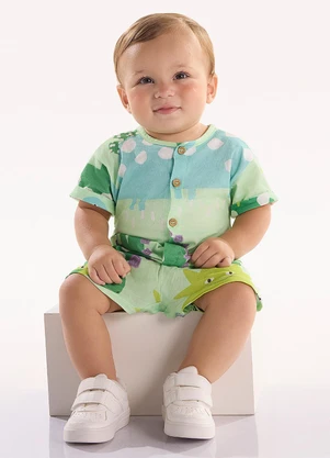 Três e Já - Macaquinho para Bebê em Meia Malha Verde - TRÊS E JÁ