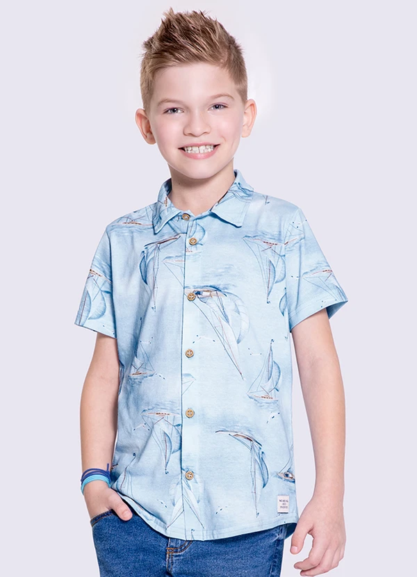 Alakazoo - Camisa Menino Estampada com Manga Curta Azul