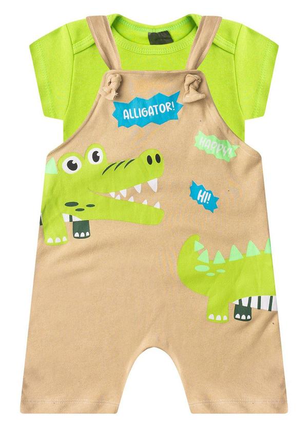 Rosa Azul - Jardineira + Body Bebê Menino Alligator Bege