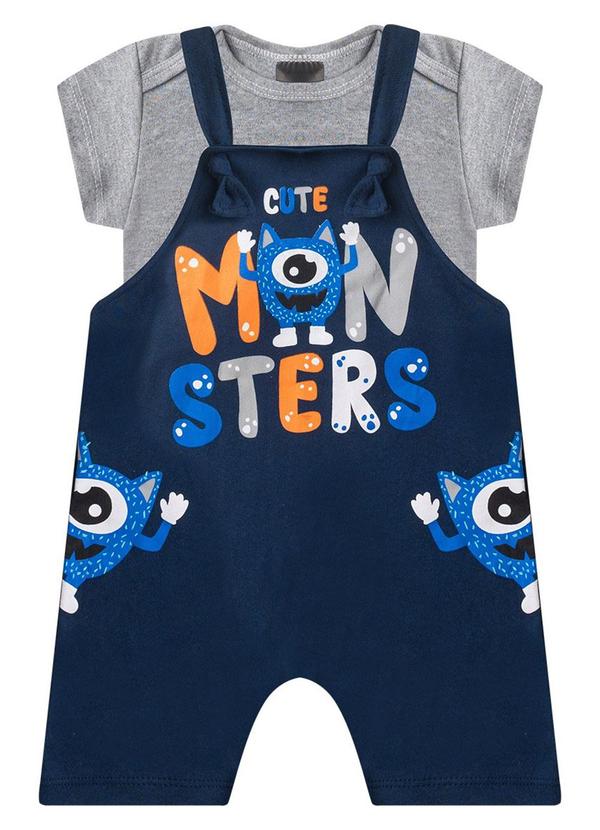 Rosa Azul - Jardineira + Body Bebê Menino Monster Azul