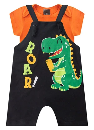 Jardineira Body Bebê Menino Roar Dino Preto Rosa Azul