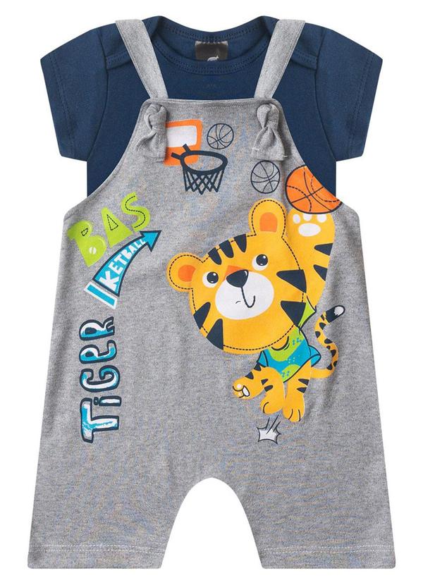 Rosa Azul - Jardineira + Body Bebê Menino Roar Mescla