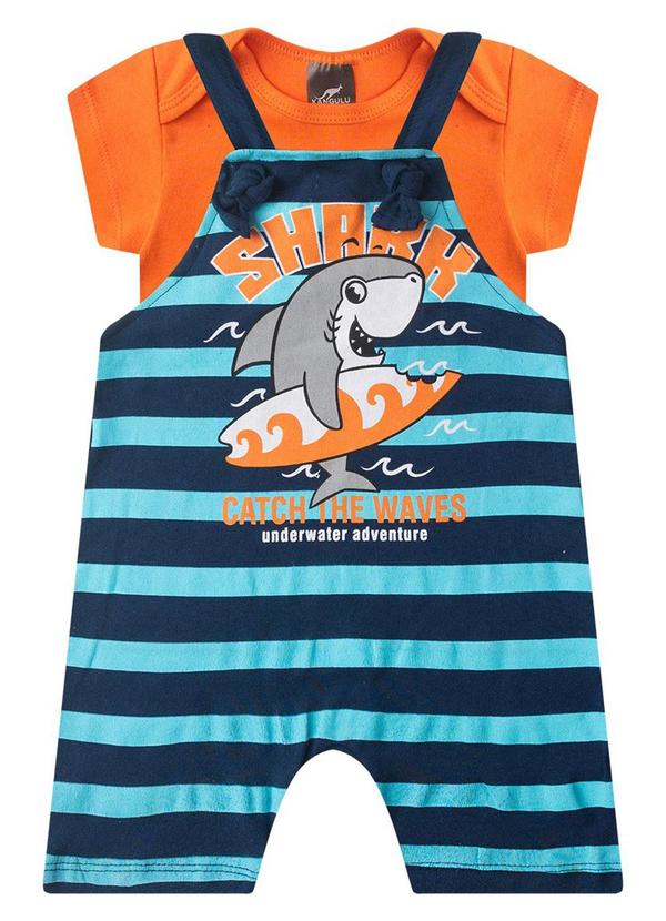 Rosa Azul - Jardineira + Body Bebê Menino Shark Azul