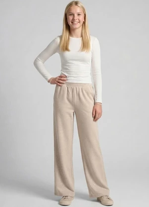 Minty - Calça Wide Leg Juvenil em Moletom Bege - MINTY