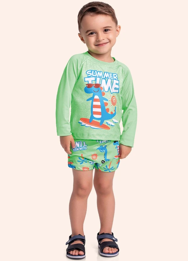 Fakini Kids - Conjunto Camiseta e Sunga Boxer Moda Praia Verde