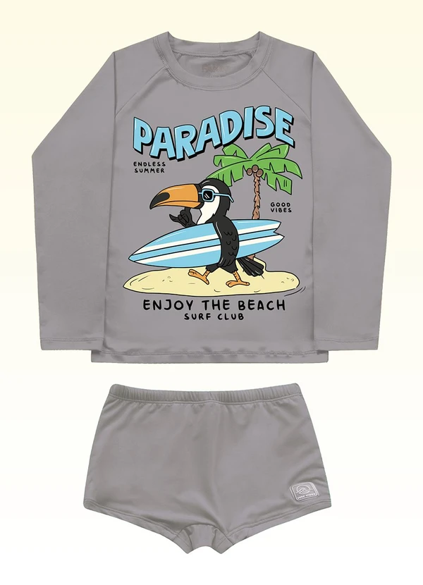 Fakini Kids - Conjunto Camiseta/Sunga Moda Praia Bege