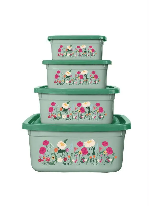 Giplas - Kit Potes Quadrado Floral Verde 4 Peças