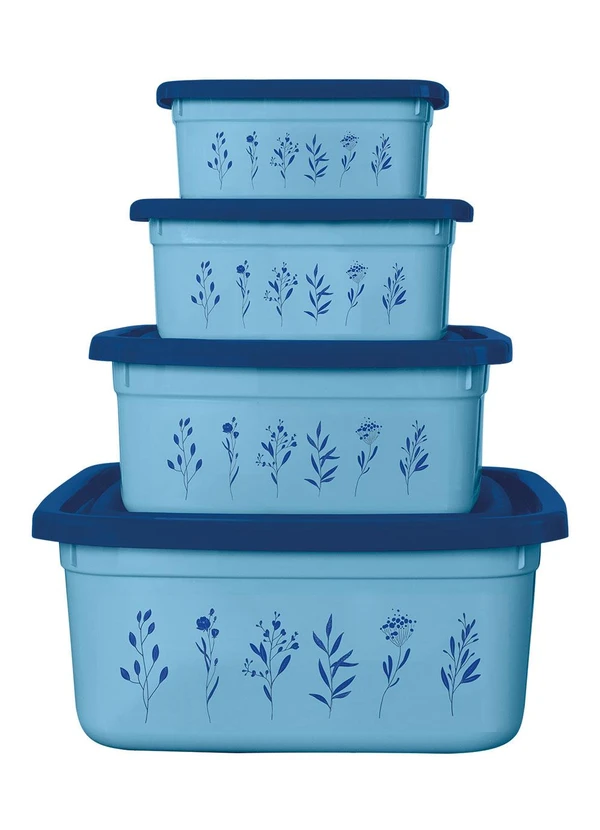 Giplas - Kit Potes Quadrados Floral Azul 4 Peças