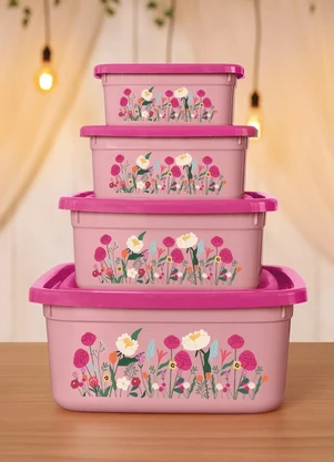 Giplas - Kit Potes Quadrados Floral Rosa 4 Peças - GIPLAS