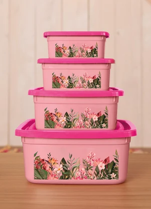 Giplas - Kit Potes Quadrados Tropical Rosa 4 Peças - GIPLAS