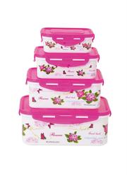 Kit Potes Retangulares Floral Rosa 4 Pe�as