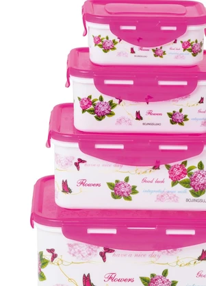 Mundo Lar - Kit Potes Retangulares Floral Rosa 4 Peças - MUNDO LAR