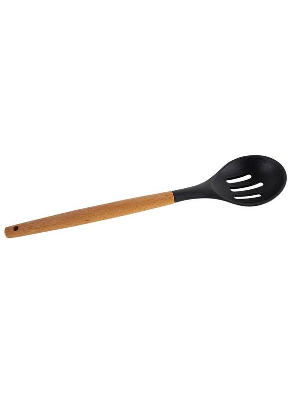 Colher Vazada de Silicone com Cabo de Madeira